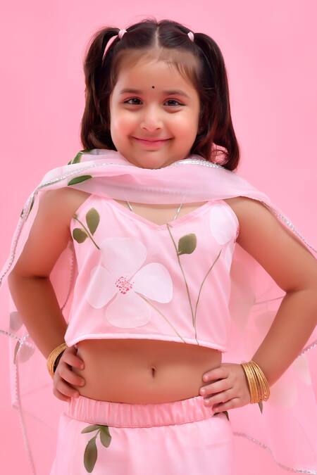 Buy_Bannhi By Priyanka Rathore_Pink Organza Gota Patti Hand Painted Lehenga Set _Online_at_Aza_Fashions