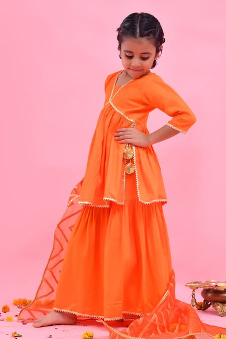 Bannhi By Priyanka Rathore_Orange Cotton, Silk, Organza Lace, Gota Patti, Zari Sharara Set With Dupatta _Online_at_Aza_Fashions