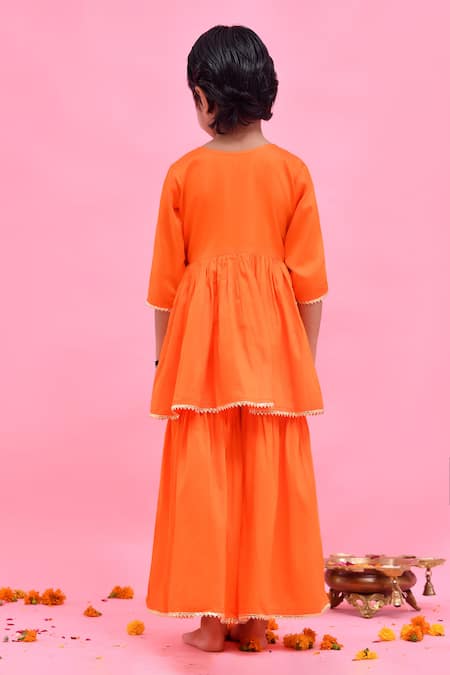 Shop_Bannhi By Priyanka Rathore_Orange Cotton, Silk, Organza Lace, Gota Patti, Zari Sharara Set With Dupatta _at_Aza_Fashions