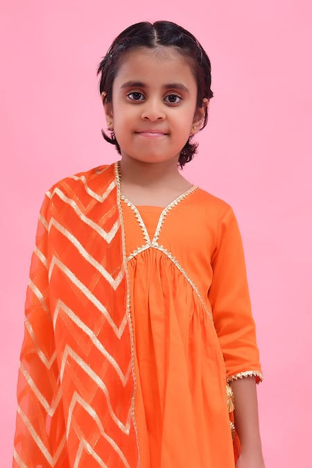 Buy_Bannhi By Priyanka Rathore_Orange Cotton, Silk, Organza Lace, Gota Patti, Zari Sharara Set With Dupatta _Online_at_Aza_Fashions