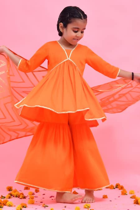 Shop_Bannhi By Priyanka Rathore_Orange Cotton, Silk, Organza Lace, Gota Patti, Zari Sharara Set With Dupatta _Online_at_Aza_Fashions