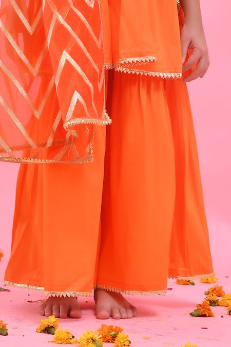 Bannhi By Priyanka Rathore_Orange Cotton, Silk, Organza Lace, Gota Patti, Zari Sharara Set With Dupatta _at_Aza_Fashions