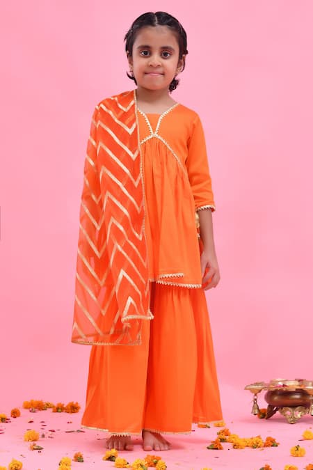 Buy_Bannhi By Priyanka Rathore_Orange Cotton, Silk, Organza Lace, Gota Patti, Zari Sharara Set With Dupatta 