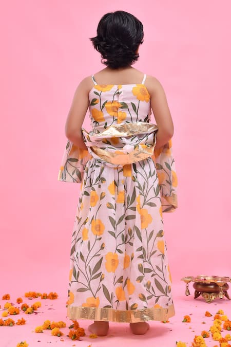 Shop_Bannhi By Priyanka Rathore_Off White Chanderi Pearls, Lace Floral Print Lehenga Set _at_Aza_Fashions