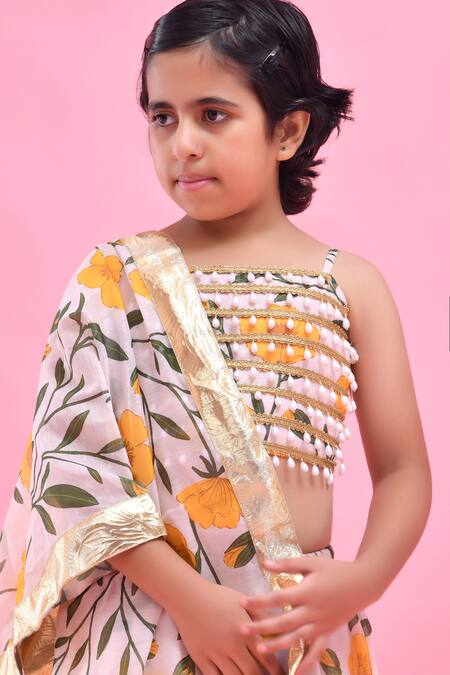 Bannhi By Priyanka Rathore_Off White Chanderi Pearls, Lace Floral Print Lehenga Set _at_Aza_Fashions