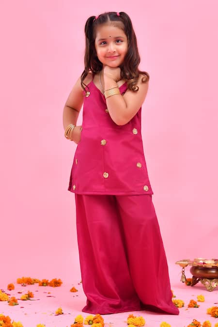 Buy_Bannhi By Priyanka Rathore_Wine Crepe, Organza Gota Patti Embroidered Kurta Sharara Set _Online_at_Aza_Fashions