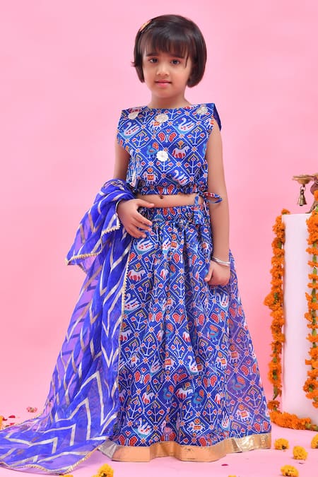 Shop_Bannhi By Priyanka Rathore_Blue Chanderi Gota Patti, Embroidery, Sequins Printed Lehenga Set _Online_at_Aza_Fashions