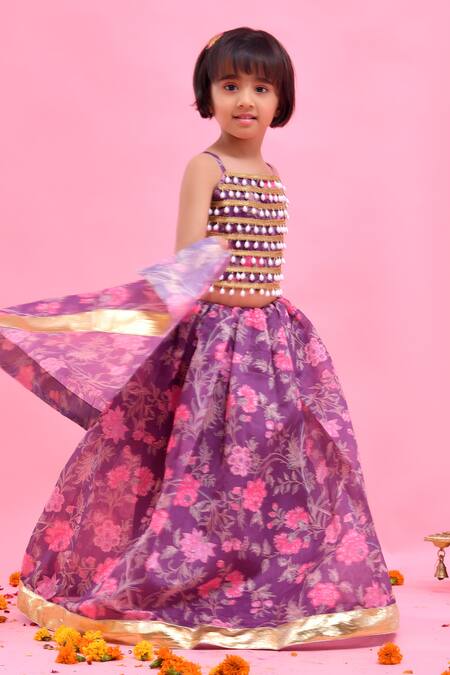 Bannhi By Priyanka Rathore_Purple Chanderi Pearls, Lace Printed Lehenga Set _Online_at_Aza_Fashions