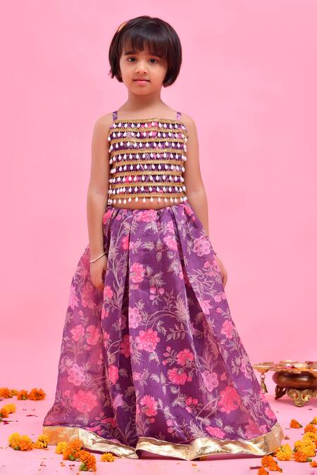 Buy_Bannhi By Priyanka Rathore_Purple Chanderi Pearls, Lace Printed Lehenga Set _Online_at_Aza_Fashions