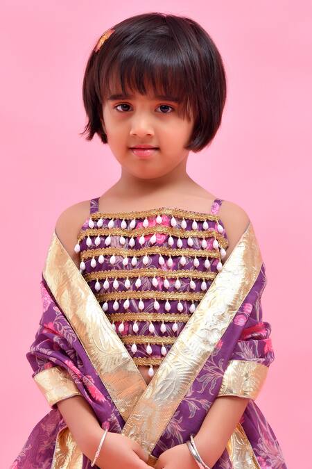 Bannhi By Priyanka Rathore_Purple Chanderi Pearls, Lace Printed Lehenga Set _at_Aza_Fashions