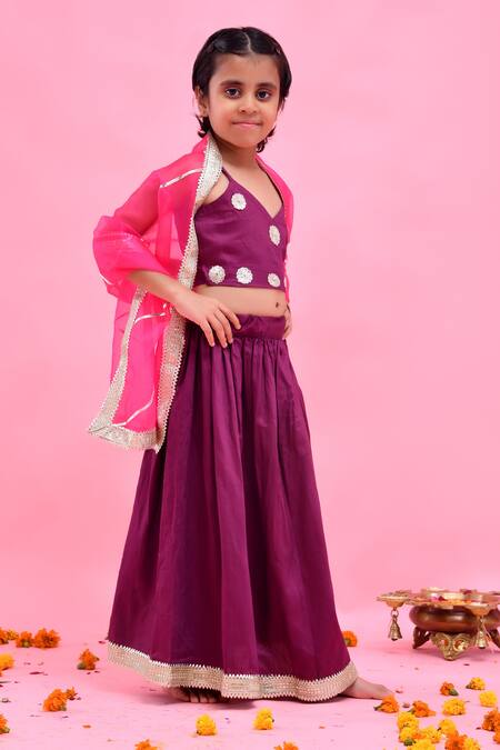 Bannhi By Priyanka Rathore_Purple Cotton, Silk, Organza Gota Patti, Applique Lehenga Set With Dupatta _Online_at_Aza_Fashions