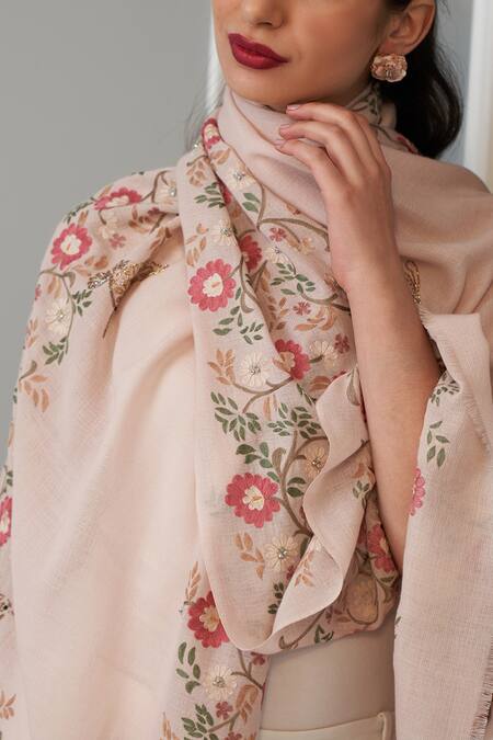 Mauli Cashmere Peach Golden Angels Floral And Butterfly Embroidered Cashmere Stole Online at Aza Fashions Mauli Cashmere_Peach Golden Angels Floral And Butterfly Embroidered Cashmere Stole _Online_at_Aza_Fashions