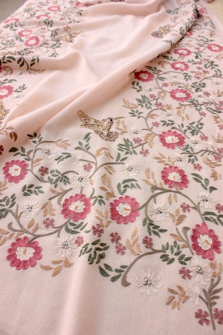 Buy Mauli Cashmere Peach Golden Angels Floral And Butterfly Embroidered Cashmere Stole Online at Aza Fashions Buy_Mauli Cashmere_Peach Golden Angels Floral And Butterfly Embroidered Cashmere Stole _Online_at_Aza_Fashions