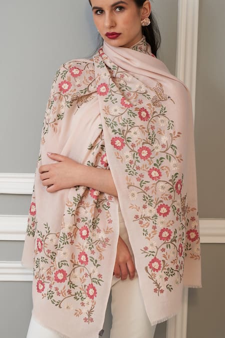 Shop Mauli Cashmere Peach Golden Angels Floral And Butterfly Embroidered Cashmere Stole at Aza Fashions Shop_Mauli Cashmere_Peach Golden Angels Floral And Butterfly Embroidered Cashmere Stole _at_Aza_Fashions