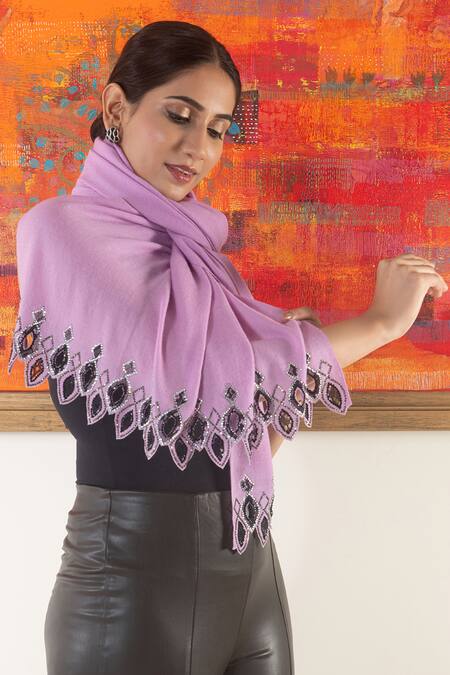 Buy Mauli Cashmere Purple Shimmering Mosaic Embellished Wool Silk Stole Online at Aza Fashions Buy_Mauli Cashmere_Purple Shimmering Mosaic Embellished Wool Silk Stole _Online_at_Aza_Fashions