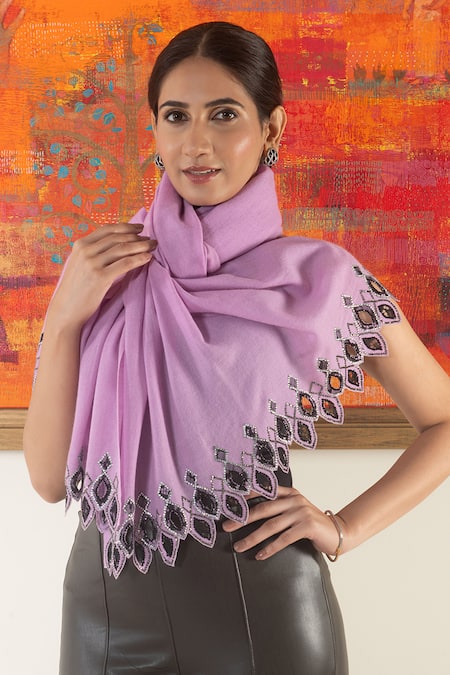 Shop Mauli Cashmere Purple Shimmering Mosaic Embellished Wool Silk Stole at Aza Fashions Shop_Mauli Cashmere_Purple Shimmering Mosaic Embellished Wool Silk Stole _at_Aza_Fashions