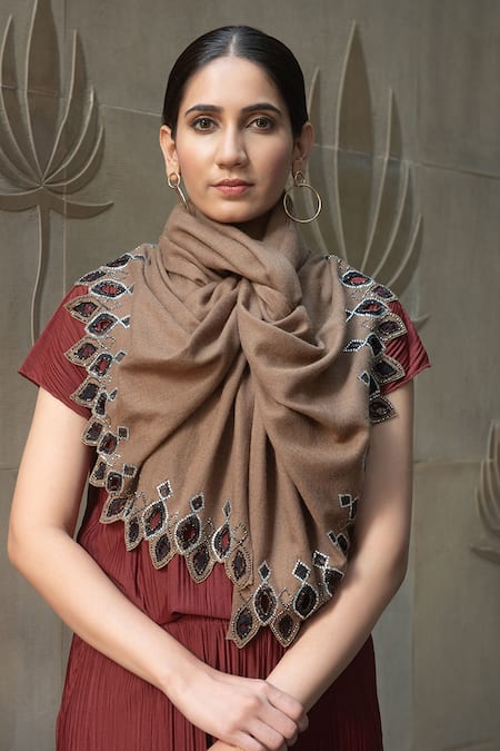 Mauli Cashmere Shimmering Mosaic Mosaic Pattern Embroidered Wool & Silk Stole 