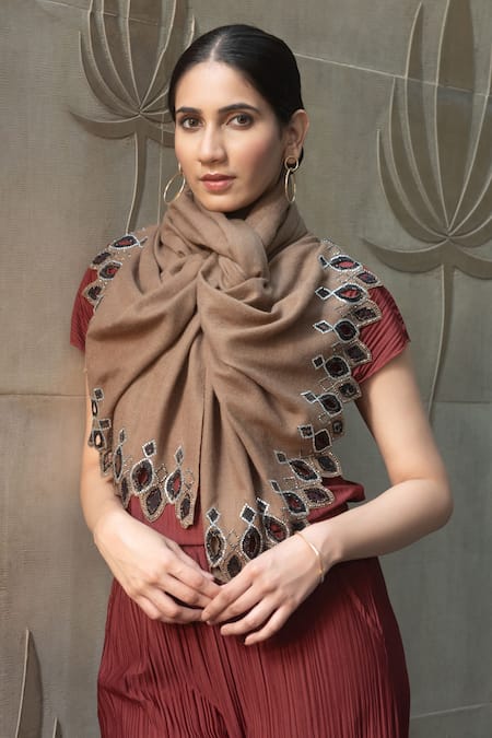 Mauli Cashmere Shimmering Mosaic Mosaic Pattern Embroidered Wool & Silk Stole 