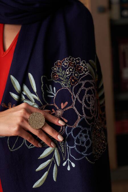 Mauli Cashmere_Navy Floral Bouquet Embroidered Merino Stole _Online_at_Aza_Fashions