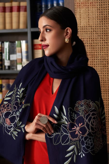 Mauli Cashmere Floral Bouquet Embroidered Merino Stole 