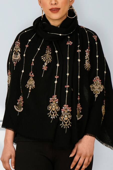 Mauli Cashmere_Black Jewelled Affair Embroidered Merino Stole _Online_at_Aza_Fashions