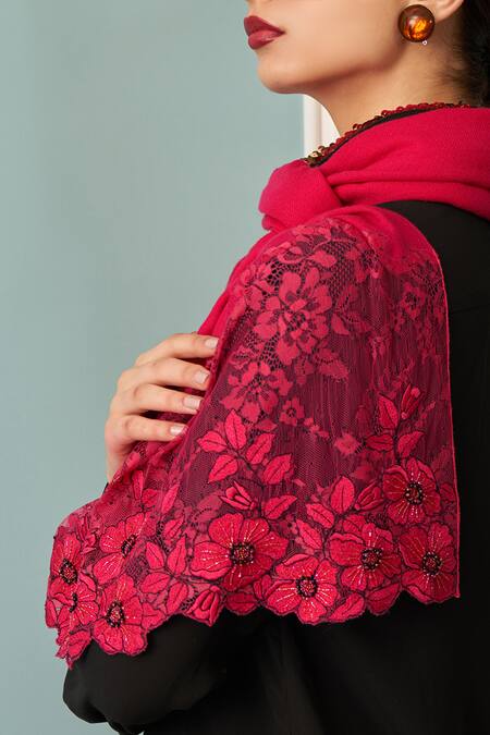 Buy_Mauli Cashmere_Fuchsia Floral Inset Embroidered Merino Stole _Online_at_Aza_Fashions
