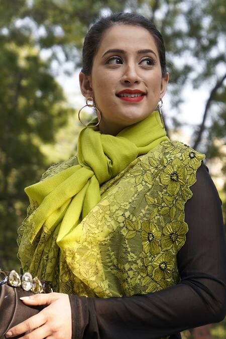 Mauli Cashmere_Green Floral Inset Embroidered Merino Stole _Online_at_Aza_Fashions