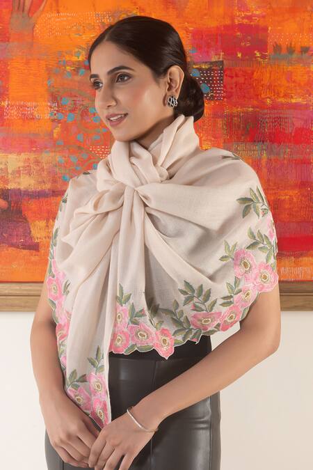 Mauli Cashmere_Beige Blush Petal Floral Embroidered Stole _Online_at_Aza_Fashions