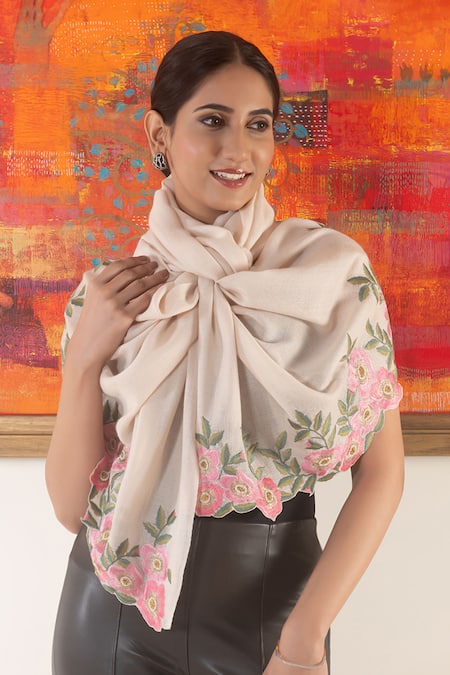 Mauli Cashmere Blush Petal Floral Embroidered Stole 