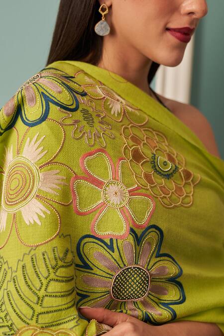 Mauli Cashmere_Green Bliss Embroidered Merino Wool Stole _Online_at_Aza_Fashions