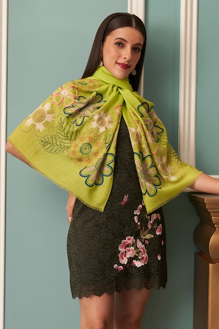 Mauli Cashmere Floral Bliss Floral Embroidered Merino Wool Stole 