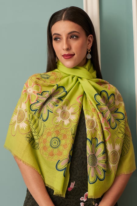 Mauli Cashmere Floral Bliss Floral Embroidered Merino Wool Stole 
