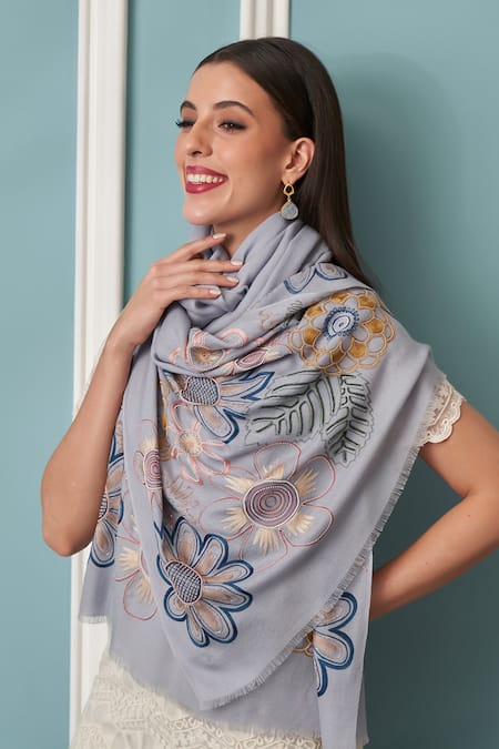 Mauli Cashmere Floral Bliss Floral Embroidered Merino Wool Stole 