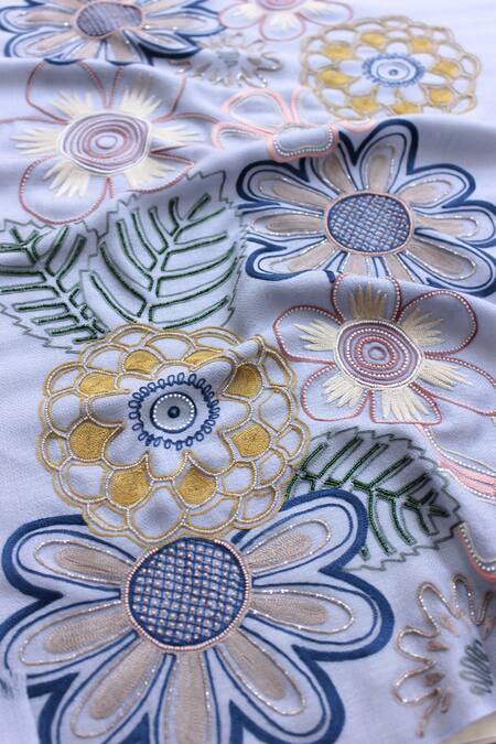 Mauli Cashmere_Blue Bliss Embroidered Merino Wool Stole _Online_at_Aza_Fashions