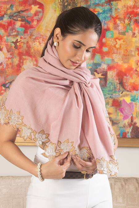 Mauli Cashmere_Pink Blush Romance Embroidered Lotus Motif Wool And Silk Stole _Online_at_Aza_Fashions