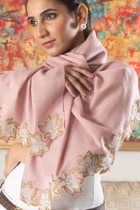 Buy_Mauli Cashmere_Pink Blush Romance Embroidered Lotus Motif Wool And Silk Stole _Online_at_Aza_Fashions
