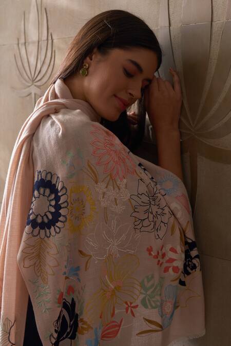 Mauli Cashmere_Pink Blazing Bloom Border Embroidered Stole _Online_at_Aza_Fashions