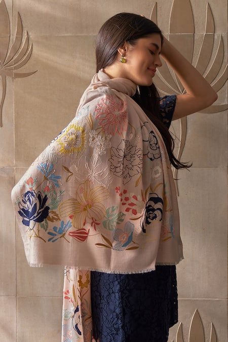 Mauli Cashmere Blazing Bloom Border Embroidered Stole 