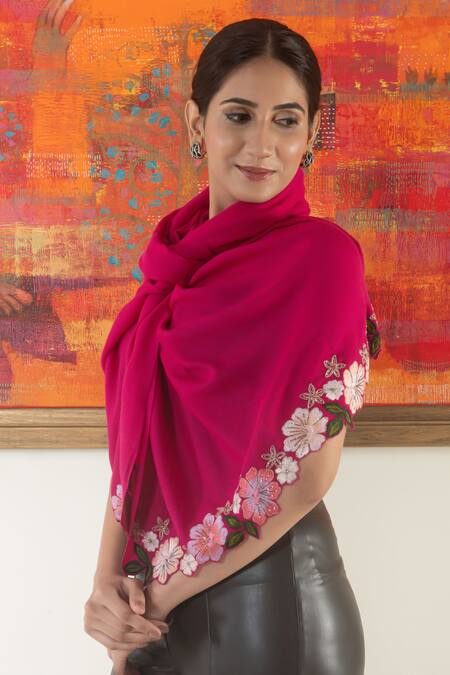 Buy Mauli Cashmere Fuchsia Floral Sprinkle Border Stole Online at Aza Fashions Buy_Mauli Cashmere_Fuchsia Floral Sprinkle Border Stole _Online_at_Aza_Fashions