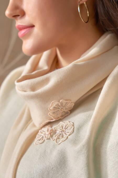 Mauli Cashmere_Beige Shower Embroidered Wool Silk Stole _Online_at_Aza_Fashions