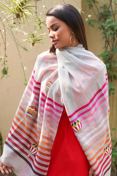 Mauli Cashmere Fly Into The Sky Hot Air Balloon Embroidered Stripe Stole 