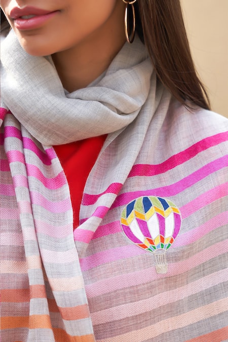 Buy_Mauli Cashmere_Gray Fly Into The Sky Hot Air Balloon Embroidered Stripe Stole _Online_at_Aza_Fashions