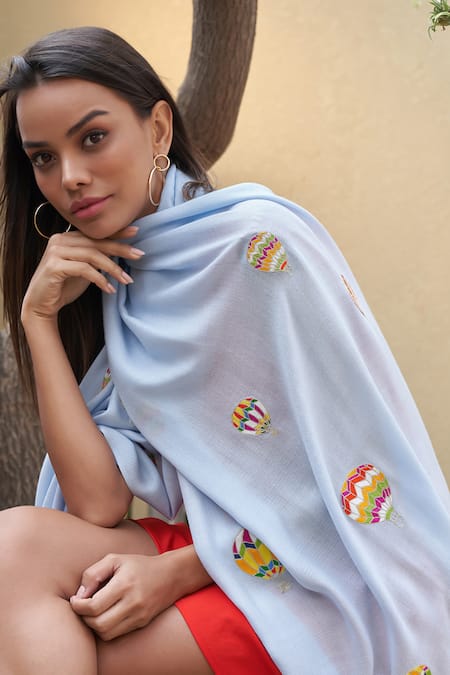 Mauli Cashmere Fly Into The Sky Hot Air Balloon Embroidered Stole 