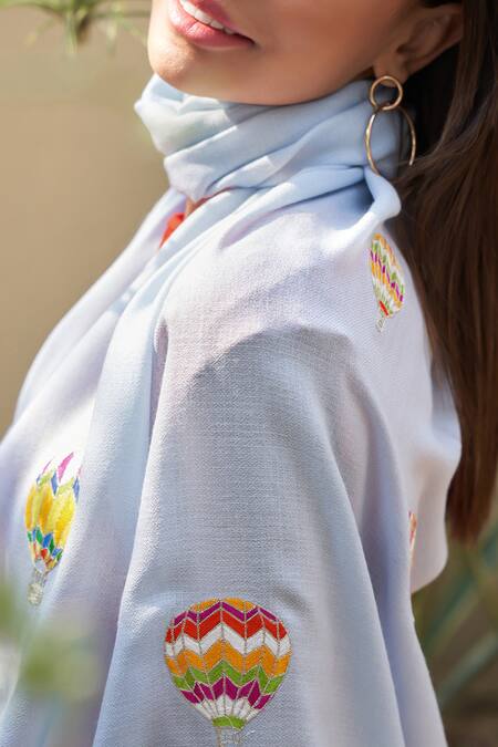 Mauli Cashmere_Sky Blue Fly Into The Hot Air Balloon Embroidered Stole _Online_at_Aza_Fashions