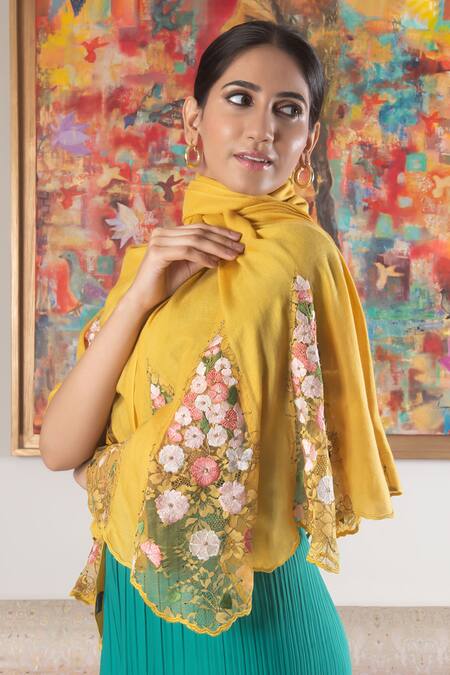 Mauli Cashmere_Mustard Flounce Embroidered Wool Silk Stole _Online_at_Aza_Fashions