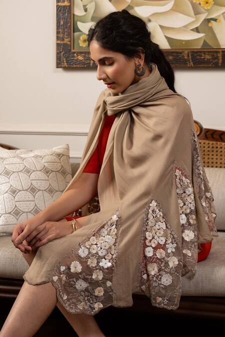 Mauli Cashmere_Brown Embroidered Stole _Online_at_Aza_Fashions