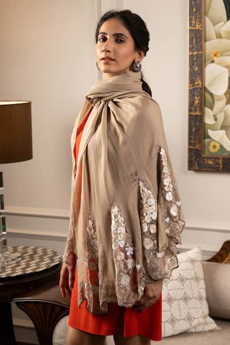 Mauli Cashmere Cherry Blossom Flounce Cherry Blossom Embroidered Flounce Stole 