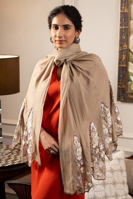 Mauli Cashmere Cherry Blossom Flounce Cherry Blossom Embroidered Flounce Stole 