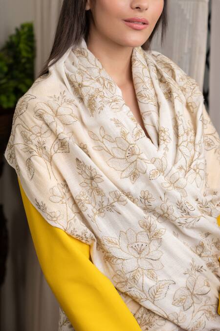 Mauli Cashmere_Ivory Glitz Embroidered Merino Stole _Online_at_Aza_Fashions