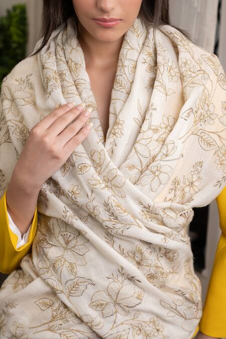 Buy_Mauli Cashmere_Ivory Glitz Embroidered Merino Stole _Online_at_Aza_Fashions